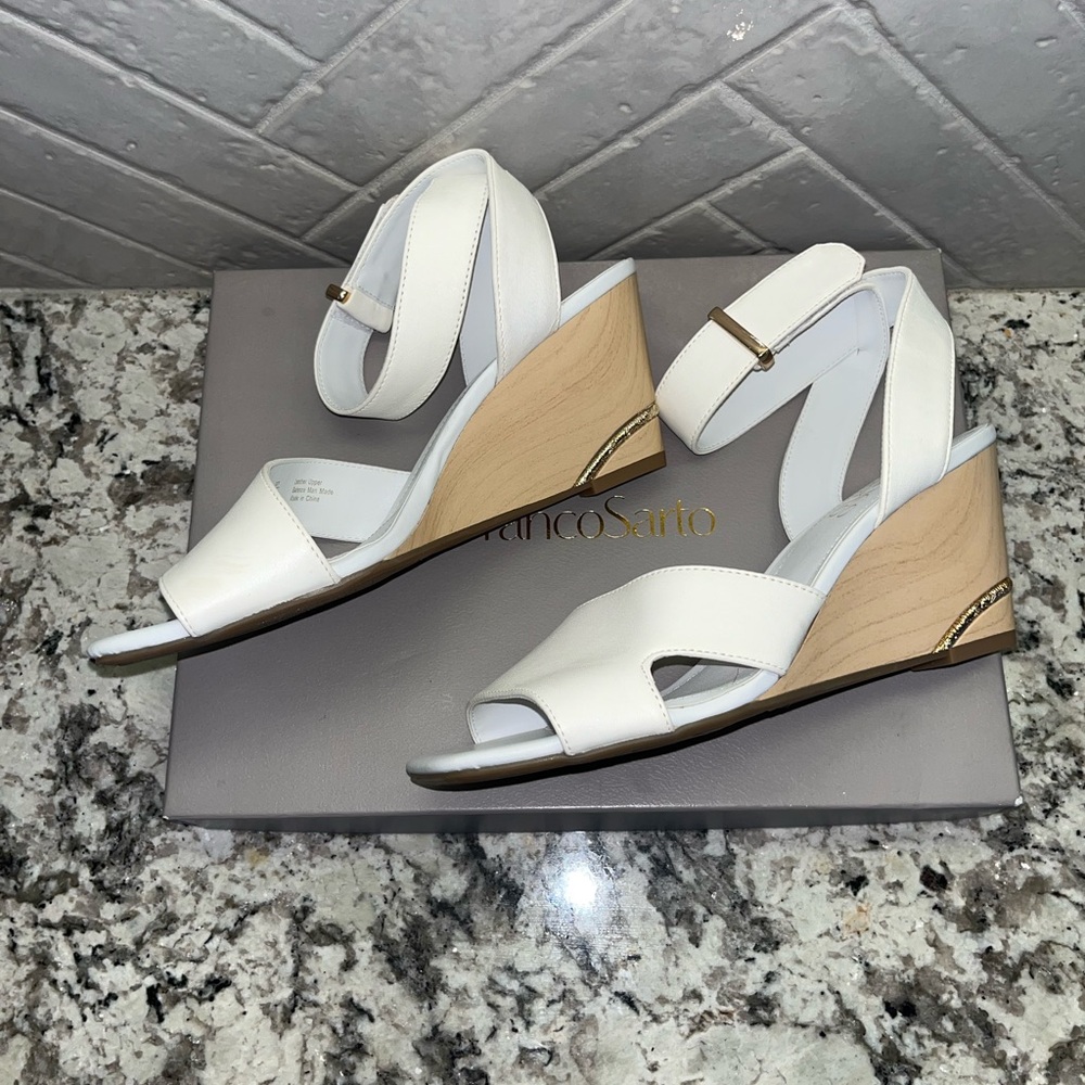 Franco Sarto white leather 3” wedge heel sandals, size 7M. Never worn.